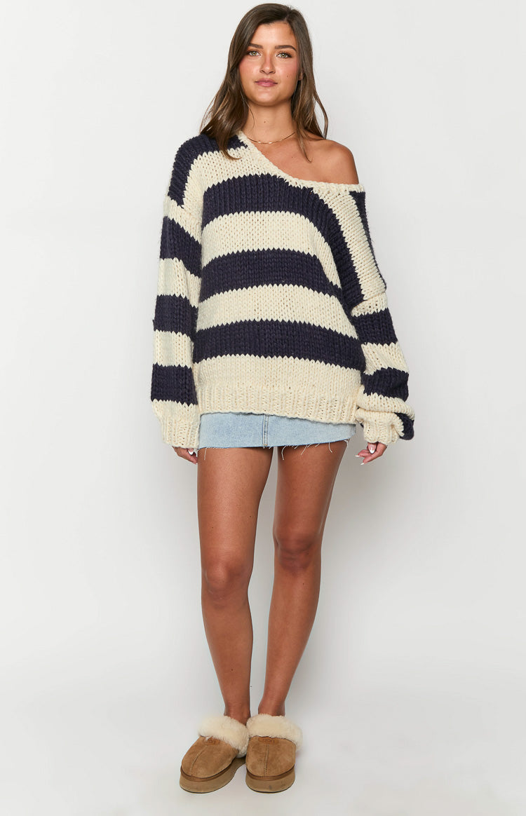 Delvey Navy Striped Knit Sweater