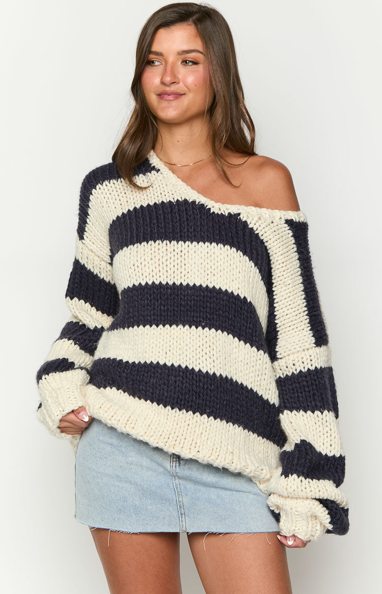 Delvey Navy Striped Knit Sweater